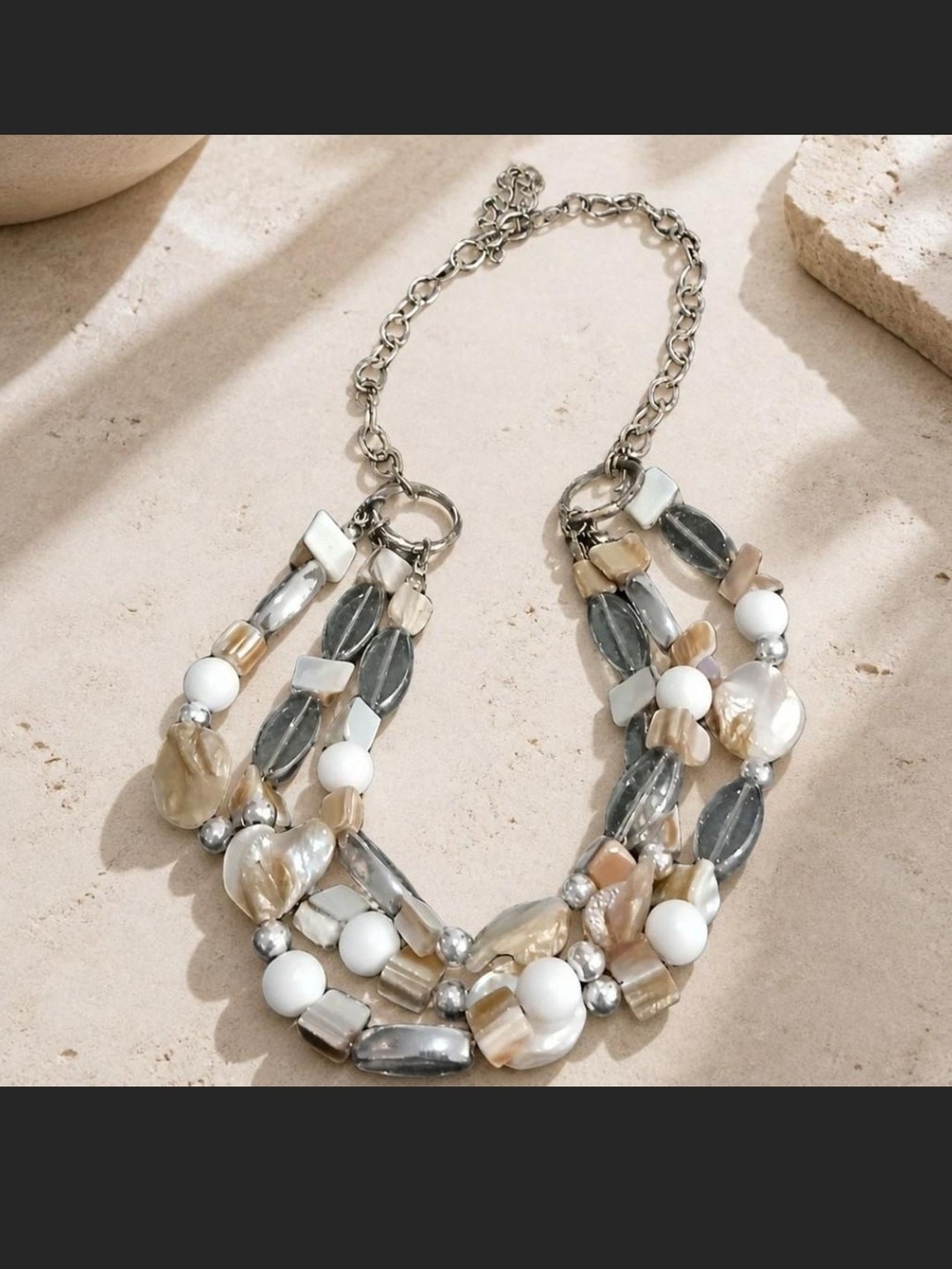 Neutral Multi-Strand Pearl & Bead Necklace - Silver and Cream